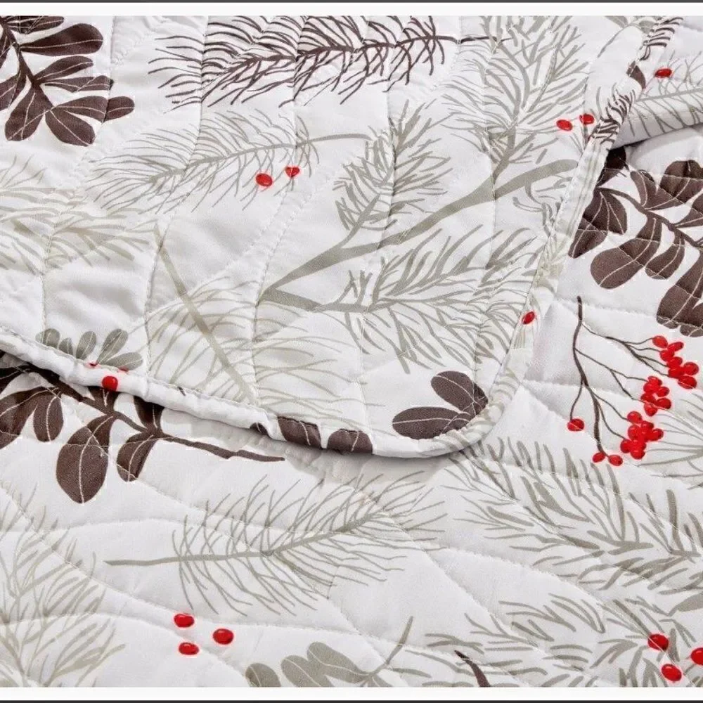NEW! Red Cardinals Farmhouse Printed QUEEN Quilt Set with matching Tote Boho